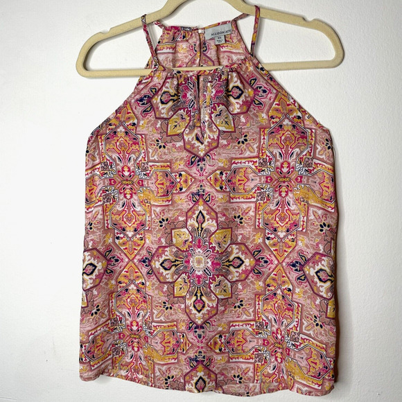 Allison Joy Cute Pink Yellow Blue Aztec Print Sleeveless Halter Neck Blouse XS - Picture 1 of 8